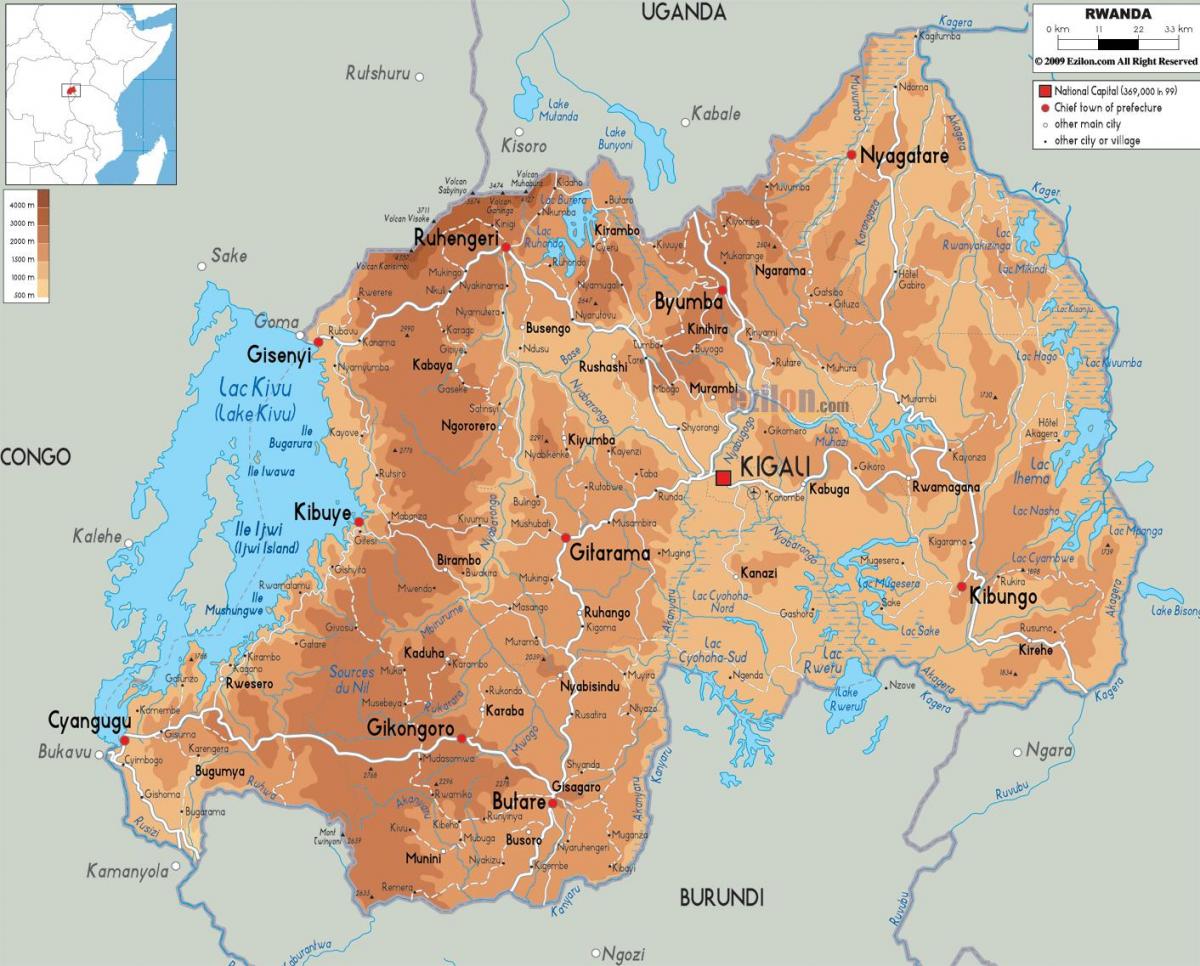 地図の物理地図のルワンダ